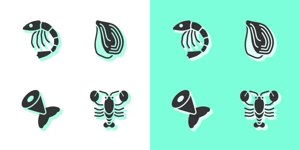 Set Lobster, Shrimp, Fish tail and Mussel icon. Vector — Stock Vector