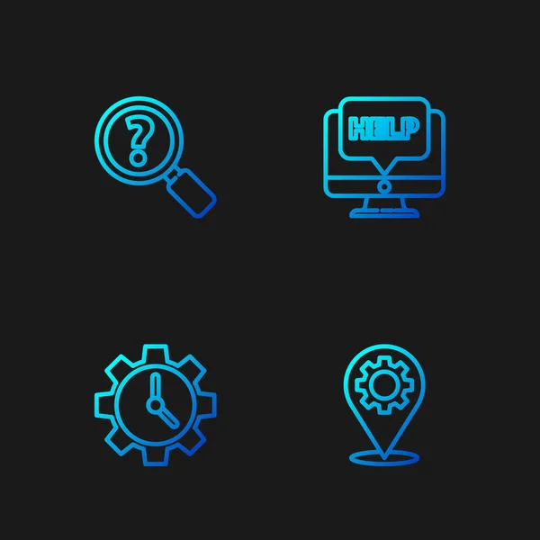 Stel lijn in Locatie met versnelling, Tijdmanagement, Onbekend zoeken en Computer monitor en hulp. Gradiënt kleurpictogrammen. Vector — Stockvector