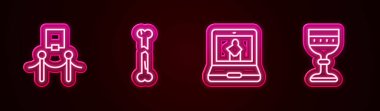 Resim ve ip bariyeri, insan kemiği, Çevrimiçi müze ve Ortaçağ kadehi. Parlayan neon ikonu. Vektör