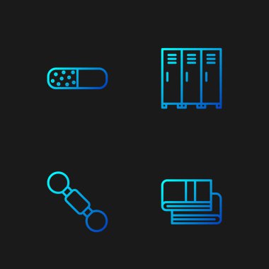 Çizgi havluları, Dumbbell 'ı, vitamin haplarını ve soyunma odasını ayarla. Renk simgeleri. Vektör