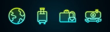 Hattı Dünya çapında, bavul ve yakıt tankeri ayarlayın. Parlayan neon ikonu. Vektör