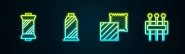 Dikiş ipliğini makaraya, kumaş rulosuna ve dikiş iğnesine yerleştir. Parlayan neon ikonu. Vektör