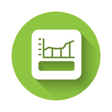 Beyaz Grafik, çizelge, grafik, diyagram, bilgi grafiği, uzun gölgeli turta grafik simgesi. Yeşil daire düğmesi. Vektör