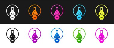 Test tüpünü ve kimyasal test ikonunu siyah beyaz arkaplanda izole et. Laboratuvar cam levhası. Vektör