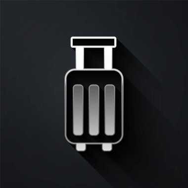 Seyahat simgesi için gümüş bavul siyah arkaplanda izole edildi. Seyahat bagaj tabelası. Seyahat bagaj ikonu. Uzun gölge tarzı. Vektör