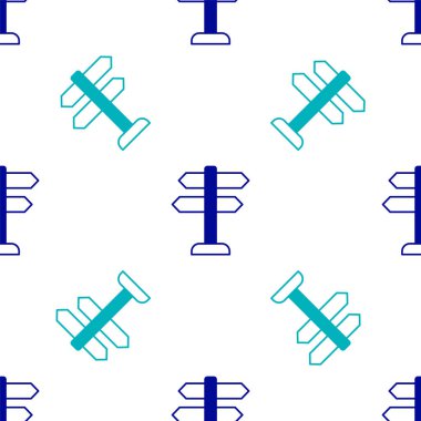 Mavi Yol trafik tabelası. Simge simgesi beyaz arkaplanda izole edilmiş kusursuz desen. İşaretçi sembolü. İzole sokak bilgi levhası. Yön tabelası. Vektör