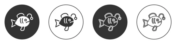 Icono de pez tropical negro aislado sobre fondo blanco. Peces exóticos. Botón de círculo. Vector — Vector de stock
