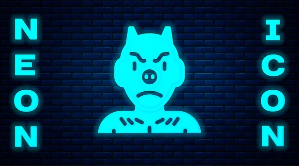 Glowing neon Krampus, heck icon isolated on brick wall background. Horned devil. Traditional Christmas devil. Happy Halloween party. Vector — Stock vektor