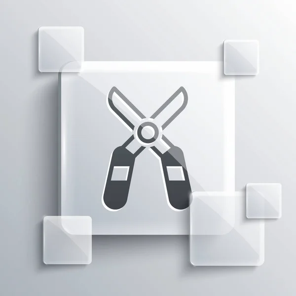 Grey Gardening handmade scissors for trimming icon isolated on grey background. Pruning shears with wooden handles. Square glass panels. Vector — Διανυσματικό Αρχείο