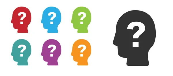 Cabeça humana preta com ícone de ponto de interrogação isolado no fundo branco. Definir ícones coloridos. Vetor —  Vetores de Stock