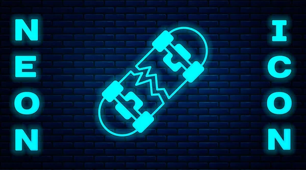 Leuchtendes Neon Gebrochenes Skateboard-Symbol isoliert auf Ziegelwand-Hintergrund. Extremsport. Sportgeräte. Vektor — Stockvektor