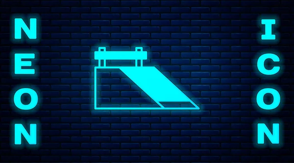 Leuchtende Neon-Skatepark-Ikone isoliert auf Backsteinmauer Hintergrund. Set aus Rampe, Rolle, Treppe für einen Skatepark. Extremsport. Vektor — Stockvektor