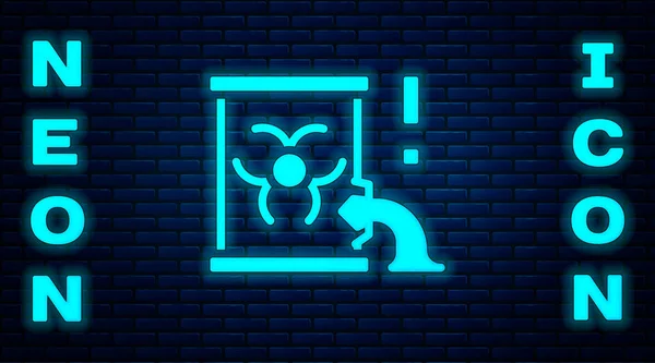 Glowing neon Radioactive waste in barrel icon isolated on brick wall background. Barrel with radioactive and toxic substance is spilled. Vector — Stock vektor