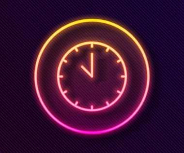 Parlayan neon çizgi saat simgesi siyah arkaplanda izole edildi. Zaman sembolü. Vektör