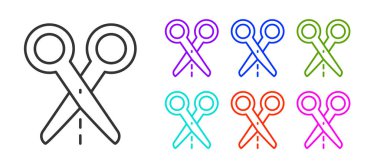 Kesik çizgi simgesi olan siyah çizgi makasları beyaz arkaplanda izole edildi. Terzi sembolü. Alet kesme işareti. Simgeleri renklendirin. Vektör