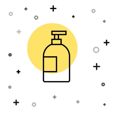 Siyah çizgi, beyaz arka planda izole edilmiş sıvı şişe ikonu. Bulaşık yıkamak için sıvı deterjan. Rastgele dinamik şekiller. Vektör