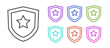 Siyah çizgi polis rozeti ikonu beyaz arka planda izole edildi. Şerif rozeti. Simgeleri renklendirin. Vektör