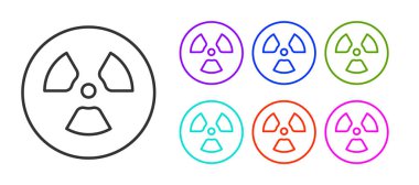 Siyah çizgi Radyoaktif simgesi beyaz arkaplanda izole edildi. Radyoaktif zehirli sembol. Radyasyon tehlikesi işareti. Simgeleri renklendirin. Vektör