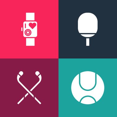 Pop Art Tenis Topu, Buz hokeyi sopaları masa tenisi oynamak için raket ve kalp atışı ikonunu gösteren akıllı saat. Vektör