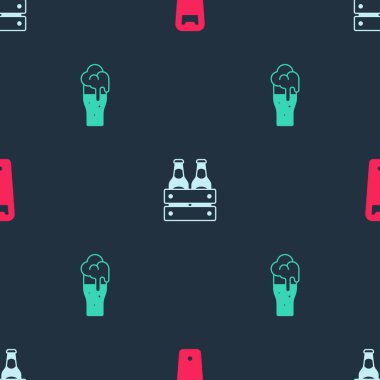 Şişe açacağı, bir paket bira şişesi ve cam, kusursuz desenli. Vektör