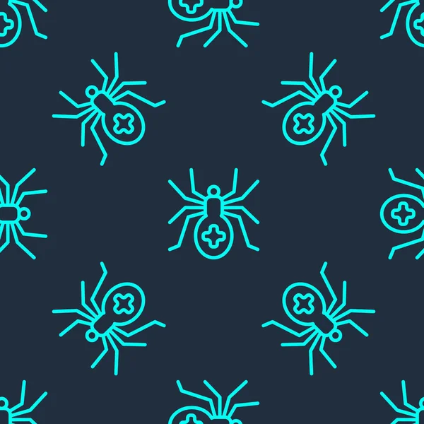 Grön linje Spider ikon isolerad sömlös mönster på blå bakgrund. Glad halloweenfest. Vektor — Stock vektor