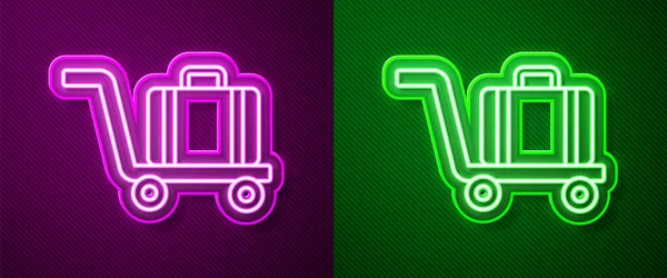 Parlayan neon hattı Trolley bavul ikonu, mor ve yeşil arkaplanda izole edilmiş. Seyahat bagaj tabelası. Seyahat bagaj ikonu. Vektör — Stok Vektör