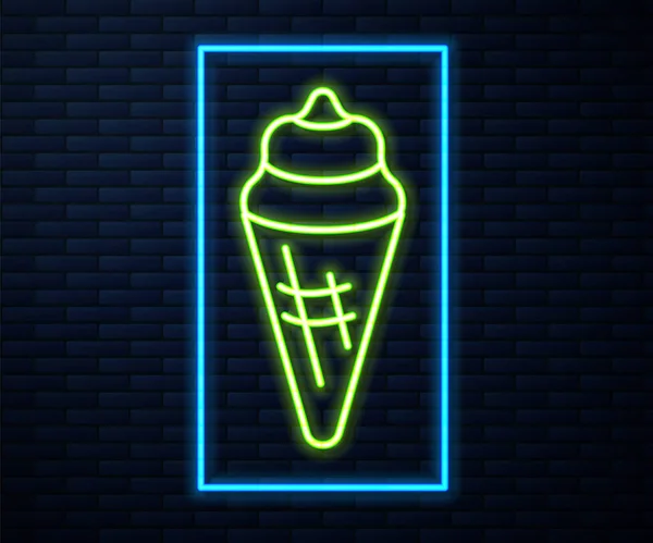 Gloeiende neon lijn IJs in wafel kegel pictogram geïsoleerd op baksteen muur achtergrond. Lief symbool. Vector — Stockvector