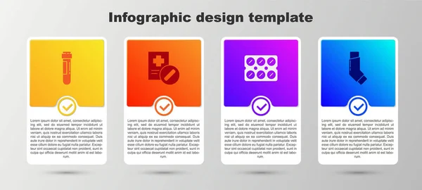 Set Test tube with blood, Medical prescription, Pills in blister pack and Inhaler. Business infographic template. Vector — Vetor de Stock