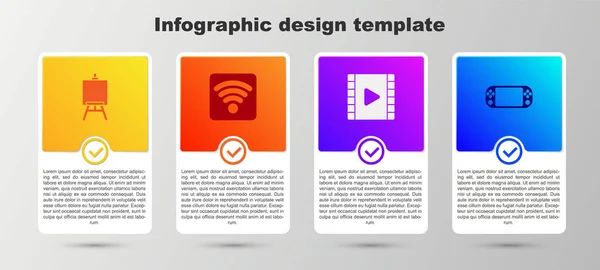 Conjunto caballete o cuadros de arte de la pintura, red inalámbrica de Internet Wi-Fi, Reproducir vídeo y consola de videojuegos portátil. Plantilla de infografía empresarial. Vector — Vector de stock