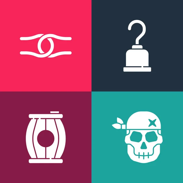 Set pop art Skull, Gun powder barrel, Pirate hook and Rope tied in knot icon. Vector — Stock Vector