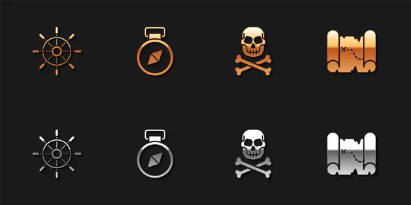 Set Ship steering wheel, Compass, Skull on crossbones and Pirate treasure map icon. Vector — Stock Vector