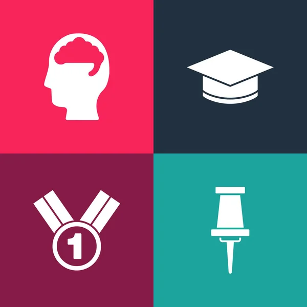 Set pop art Pasador, medalla, gorra de graduación e icono del cerebro humano. Vector — Vector de stock