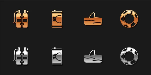 Set Aqualung, Soda can, Shark fin in ocean wave and Rubber swimming ring icon. Vector —  Vetores de Stock