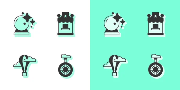 Set Unicycle or one wheel bicycle, Magic ball, Hot air balloon and Ticket box office icon. Vector — Stock Vector