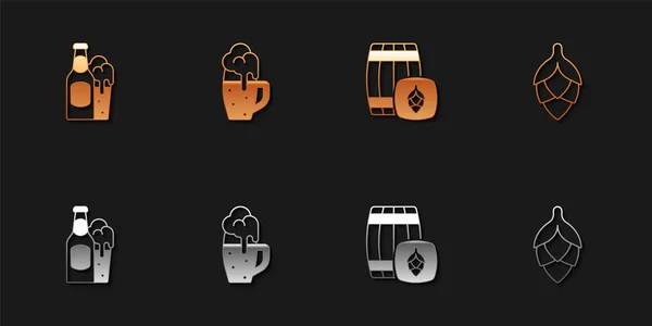 Set Beer bottle and glass, Glass of beer, Wooden barrel and Hop icon. Vector — Διανυσματικό Αρχείο