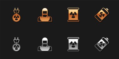 Radyasyon elektrik prizini, nükleer reaktör işçisini varil ve enerji ikonunda radyoaktif atığı ayarla. Vektör