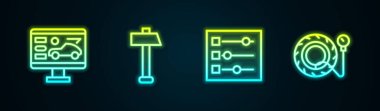 Hattı arabanın, Hammer 'ın, araba ayarlarının ve lastik basıncının durumunu belirleyin. Parlayan neon ikonu. Vektör