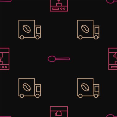 Hattı, kahve makinesini, sokak kamyonunu ve kaşığı kusursuz şekilde ayarla. Vektör