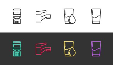 Su soğutucusu, musluk, bardakta su ve siyah beyaz. Vektör