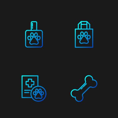 Sabit çizgi köpek kemiği, klinik kayıt evcil hayvanı, evcil hayvan şampuanı ve alışveriş çantası. Renk simgeleri. Vektör