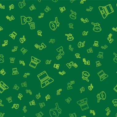 Konuşma baloncuğu sohbetini, dizüstü bilgisayarı ve megafonu pürüzsüz bir şablona ayarla. Vektör