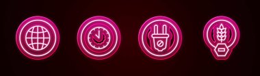 Hat sosyal ağını, saatini, elektrik prizini ve glütensiz tahılı ayarla. Parlayan neon ikonu. Vektör