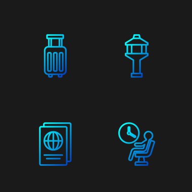 Hat insan havaalanı terminalinde bekliyor. Pasaport, bavul ve havaalanı kontrol kulesinde. Renk simgeleri. Vektör