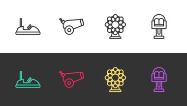 Bumper Car, Cannon, dönme dolap ve Craction atlıkarıncasını siyah ve beyaza ayarla. Vektör