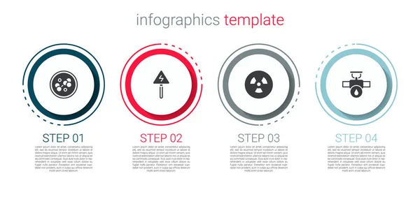 Set Molecule, Hoogspanningsbord, Radioactieve en Industrie pijp en klep. Bedrijfsinfographic sjabloon. Vector — Stockvector