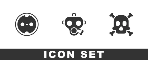 Elektromos konnektor, gázálarc, csontok és koponya figyelmeztető ikon beállítva. Vektor — Stock Vector