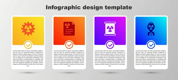 Set Radioactive, documento de alerta de radiação, barril de resíduos e bomba nuclear. Modelo de infográfico de negócios. Vetor — Vetor de Stock