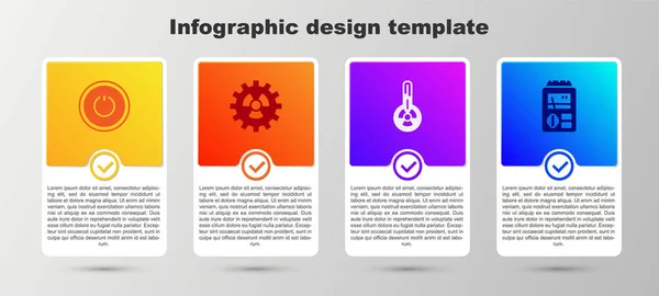 Botón de encendido, radiactivo, termómetro meteorológico y dosímetro. Plantilla de infografía empresarial. Vector — Vector de stock