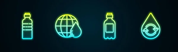 Установить линию Бутылка воды, Земля планеты в капле, и Recycle чистой акватории. Светящаяся неоновая икона. Вектор — стоковый вектор