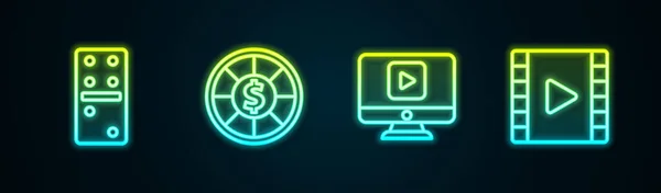 Stel lijn Domino, Casino chips, Online video afspelen en Video afspelen. Een gloeiend neon icoon. Vector — Stockvector